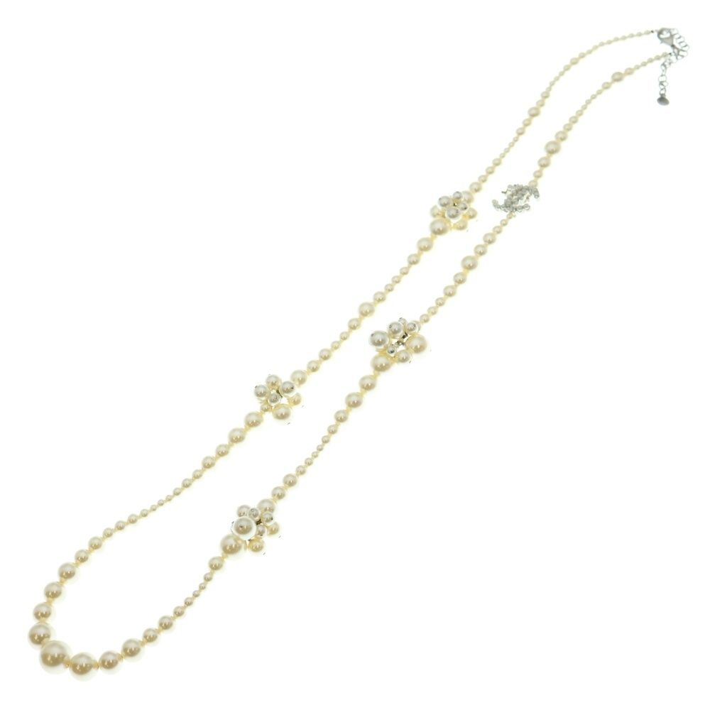 CHANEL シャネル ココマーク ラインストーン ホワイトパール ロング ネックレス ホワイト