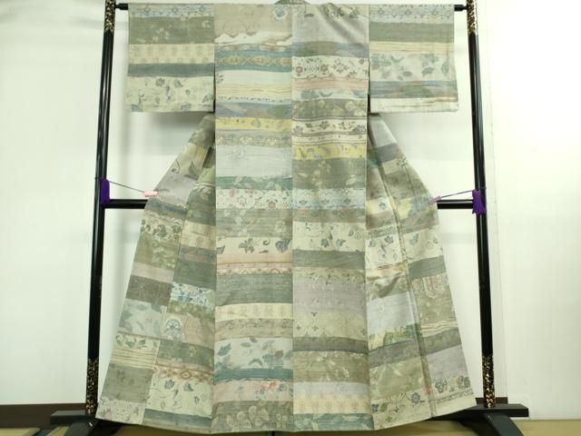 平和屋着物 上 小千谷紬 百柄 繋ぎ絣 手織り 横段花蝶文 ♥ DZAB0140kh5