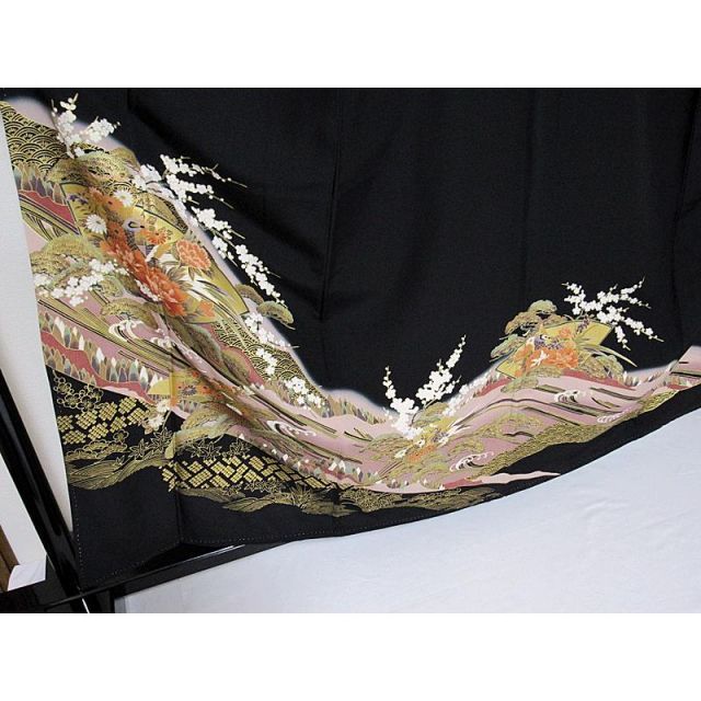 黒留袖 一越 比翼 道長取り地紙に松牡丹梅吉祥柄 159cm前後ベスト 美品 