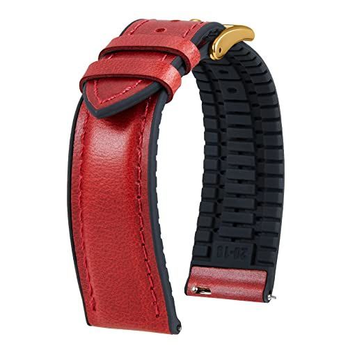 レッド/ローズゴールド バックル_21mm [BINLUN] 革時計ベルト クイックリリース オイルワックスレザー 腕時計バンド 内側シリコン製 通気性 ウォッチバンド 交換ベルト 男女兼用 21mm（レッド/ロ