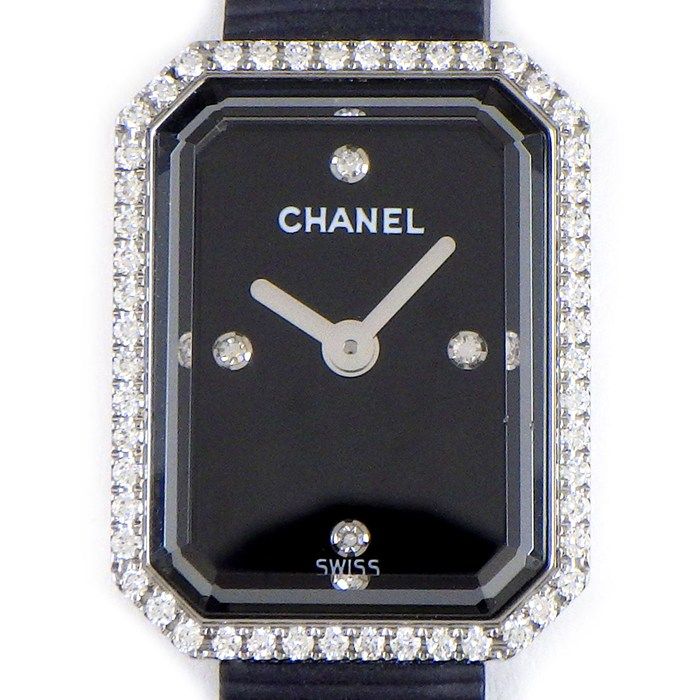 シャネル CHANEL 腕時計 プルミエール H2434 ダイヤベゼル 4ポイント ダイヤインデックス オクタゴナル ブラック文字盤 ラバー ベルト SS クオーツアナログ