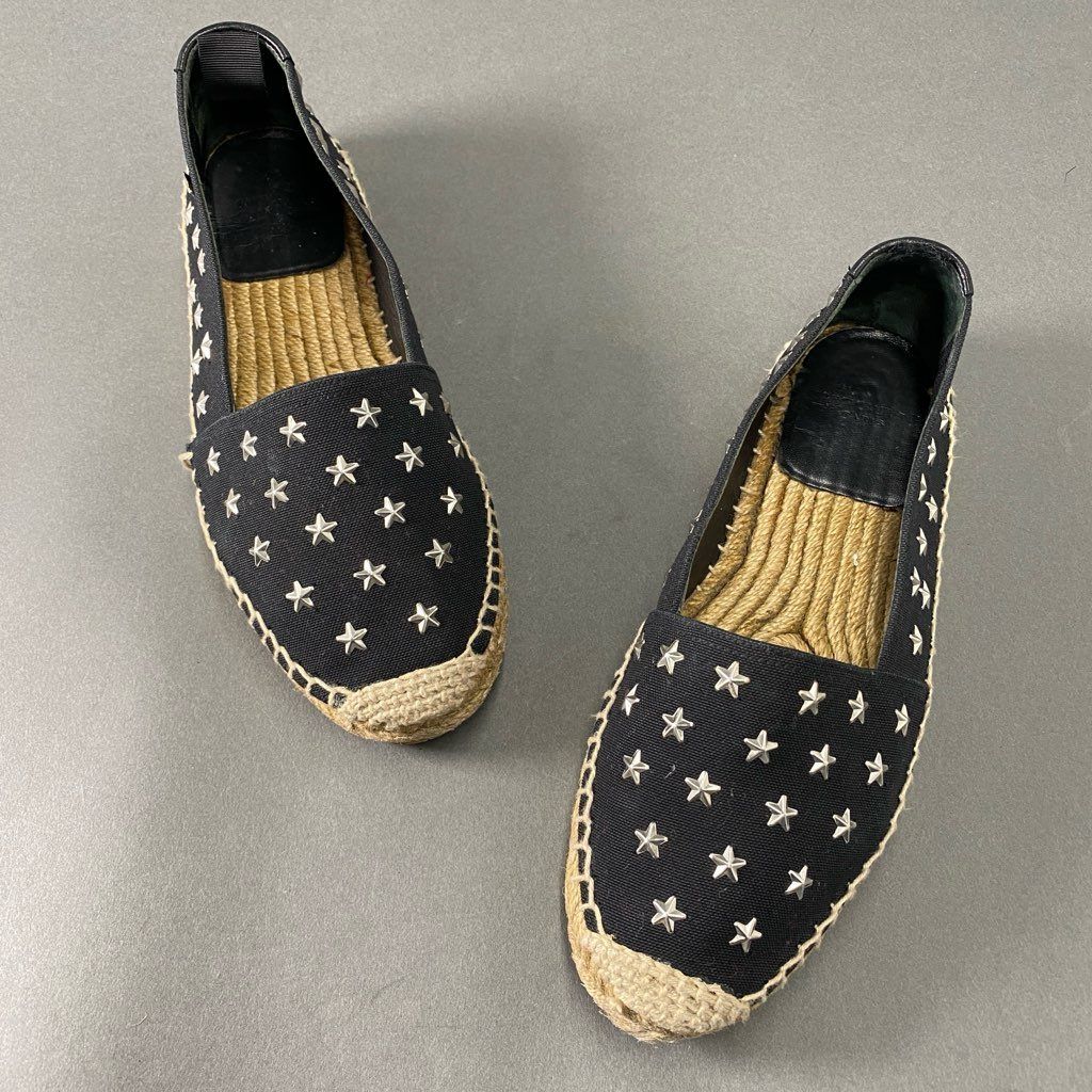 3b24 SAINT LAURENT PARIS サンローラン スペイン製 スタースタッズ エスパドリーユ スリッポンシューズ 35 1/2 ブラック  キャンバス レディース