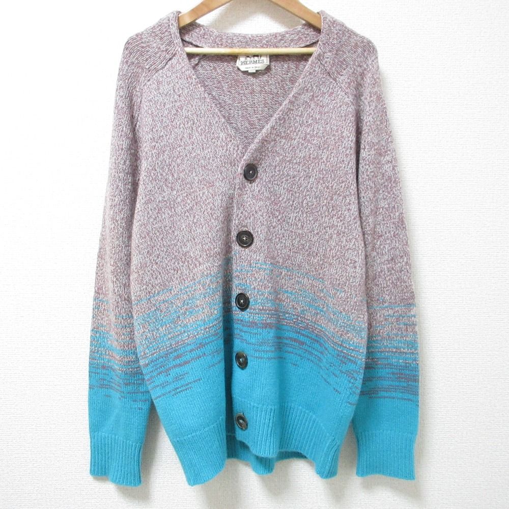 美品 22SS HERMES エルメス mouline ombre グラデーション カシミヤ100％ ニット カーディガン XS グレー×レッド×ライトブルー メンズ 古着 中古 USED