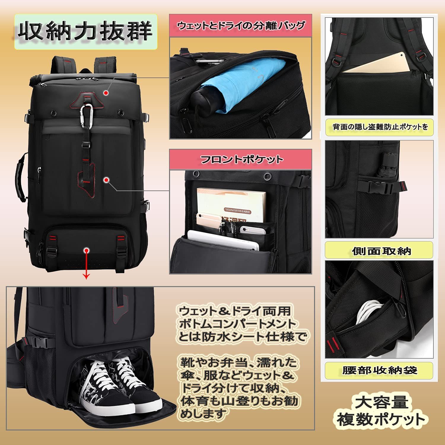 ハイキング用 ハイキング 防水 スクエア キャンプ リュックサック リュックサック 17インチPC アウトドア バックパック ファスナー 防災 大容量 70L 旅行 登山リュック shrradoo