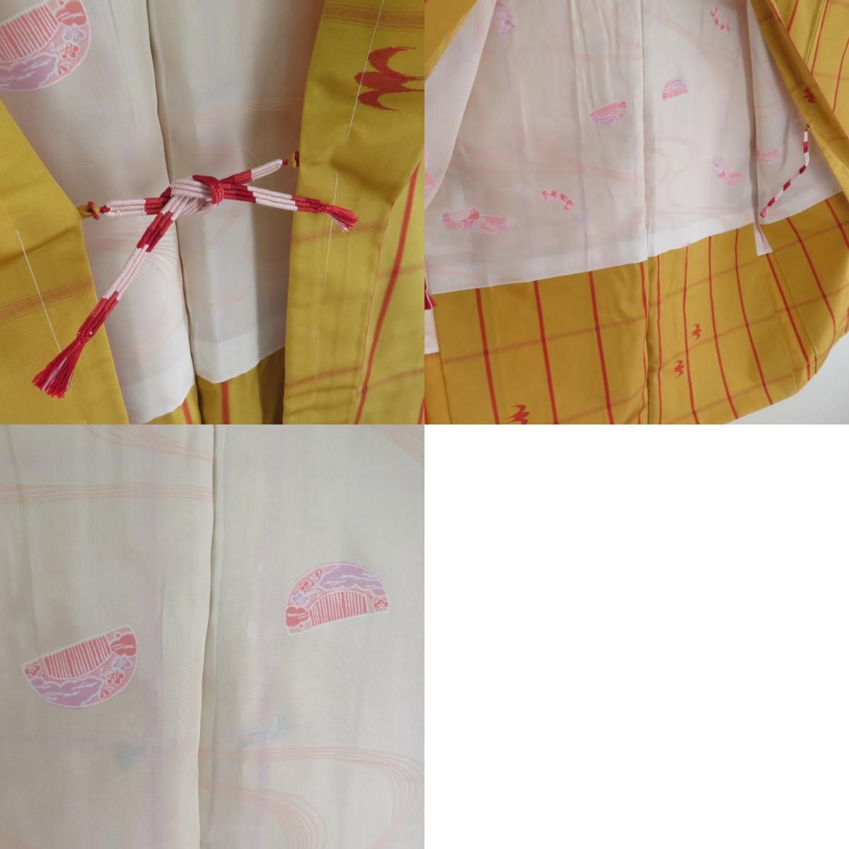 紬 着物 アンサンブル 道中着付 格子文様 袷 バチ衿 黄色 正絹