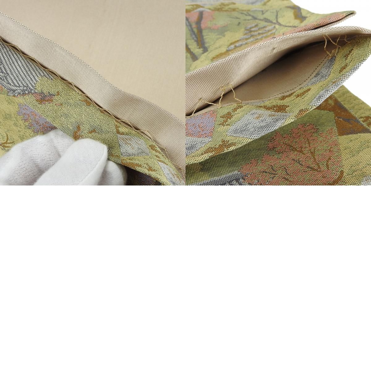 中古】袋帯 風景柄 寺院 春 桜 グリーン 薄ピンク パステルカラー  