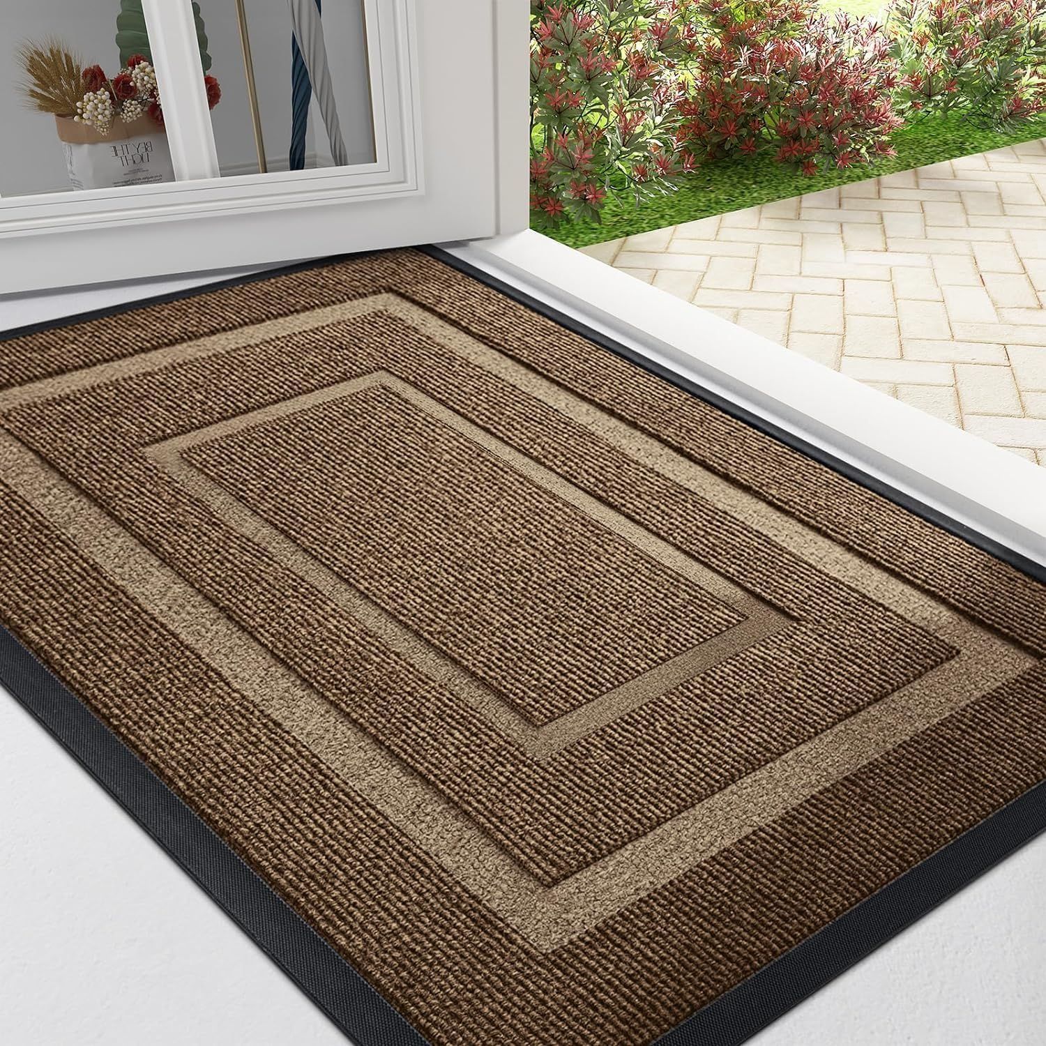 方形柄ブラウン_60x90cm Neskatu 玄関マット 屋外 泥落とし ドアマット 滑り止め 洗える 耐磨耗性 エントランスマット シンプル 業務/家庭用 方形柄 60x90cm ブラウン