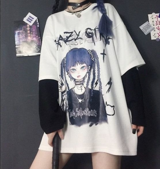 地雷系 ファッション オーバーサイズ プリント Tシャツ ユニ