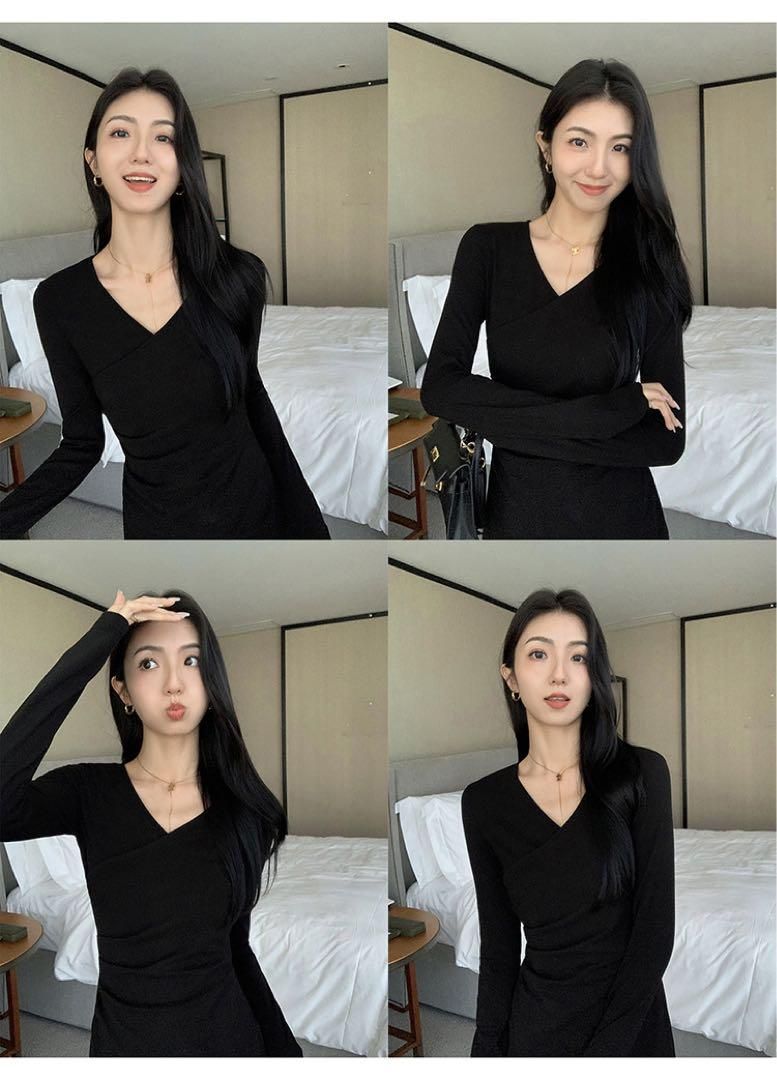 ハイエンドブラックVネックタイトワンピ