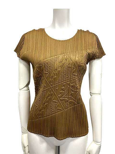Pleats Please Issey Miyake プリーツ プリーズ イッセイ ミヤケ 半袖トップス ブラウン 柄物 Lサイズ 11号＿S08＿＿セルモアから ＿s-0414-r08