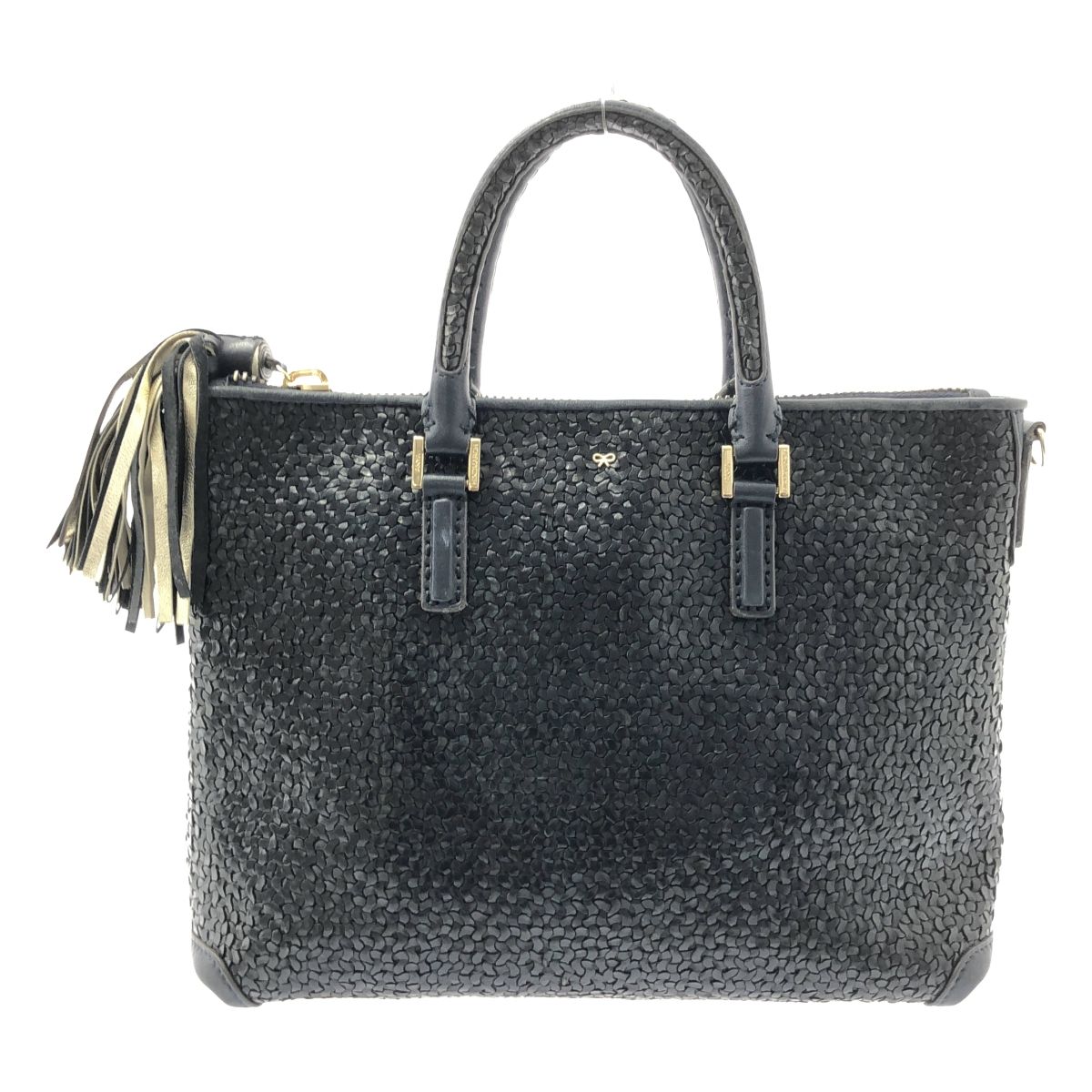 ANYA HINDMARCH アニヤハインドマーチ 2way ショルダー付き レザー 編み込み フリンジチャーム ハンド トートバッグ ダークネイビー レディース NEXPOTALLINN_EU
