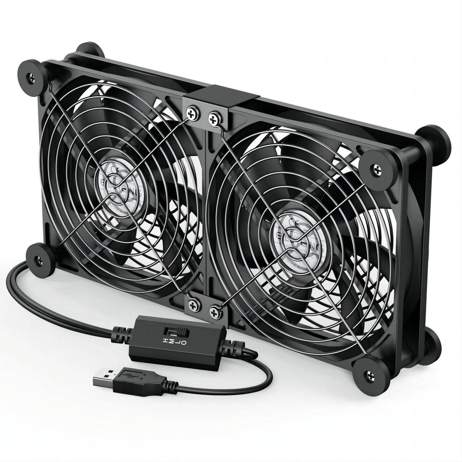 【人気商品】PCファン 横置き可能 強力 3段階風量調節 静音 長持ち玉軸受 冷却扇風機 冷却クーラー 薄型 防振ゴム足付き 送風機 長寿命 USBファン 5V 2連 送風機 1400RPM 12cm × 2 冷却ファン 黑色 P