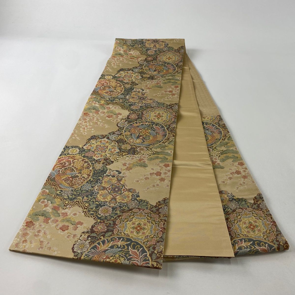袋帯 作家物 箔押しに螺鈿箔 美しい鳥 正絹 AO-3524 袋帯 美品 逸品 じゅらく 落款 帝王紫 華文 向かい鳥 金糸 箔 焦