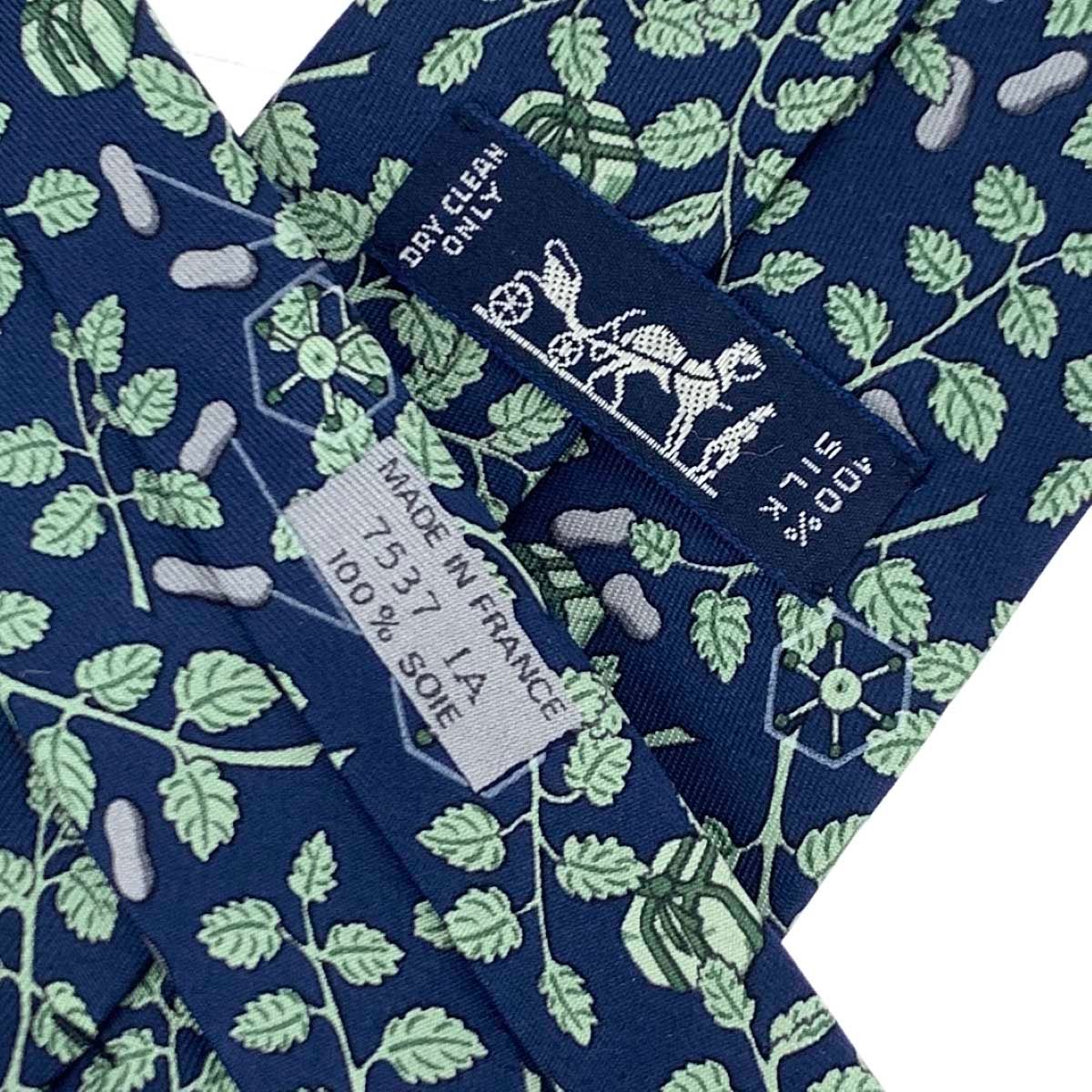 美品 HERMES エルメス ネクタイ 7537 IA ネイビー 総柄 シルク