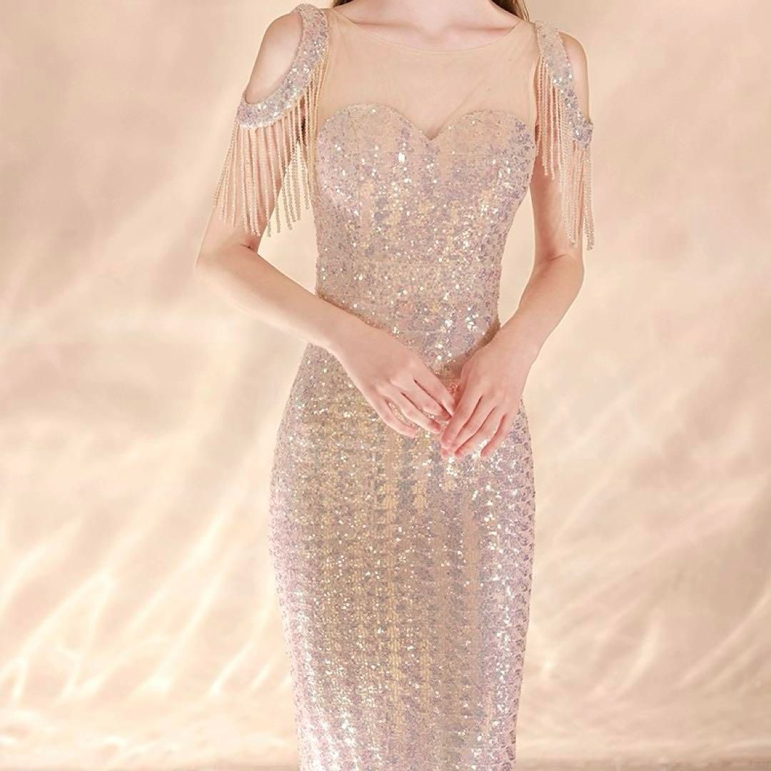 オーロラのスパンコール輝くシンプルオシャレなイブニングドレス大人 おとなかわいい スカート モード系ロマンチックドレス クラシカルワンピース