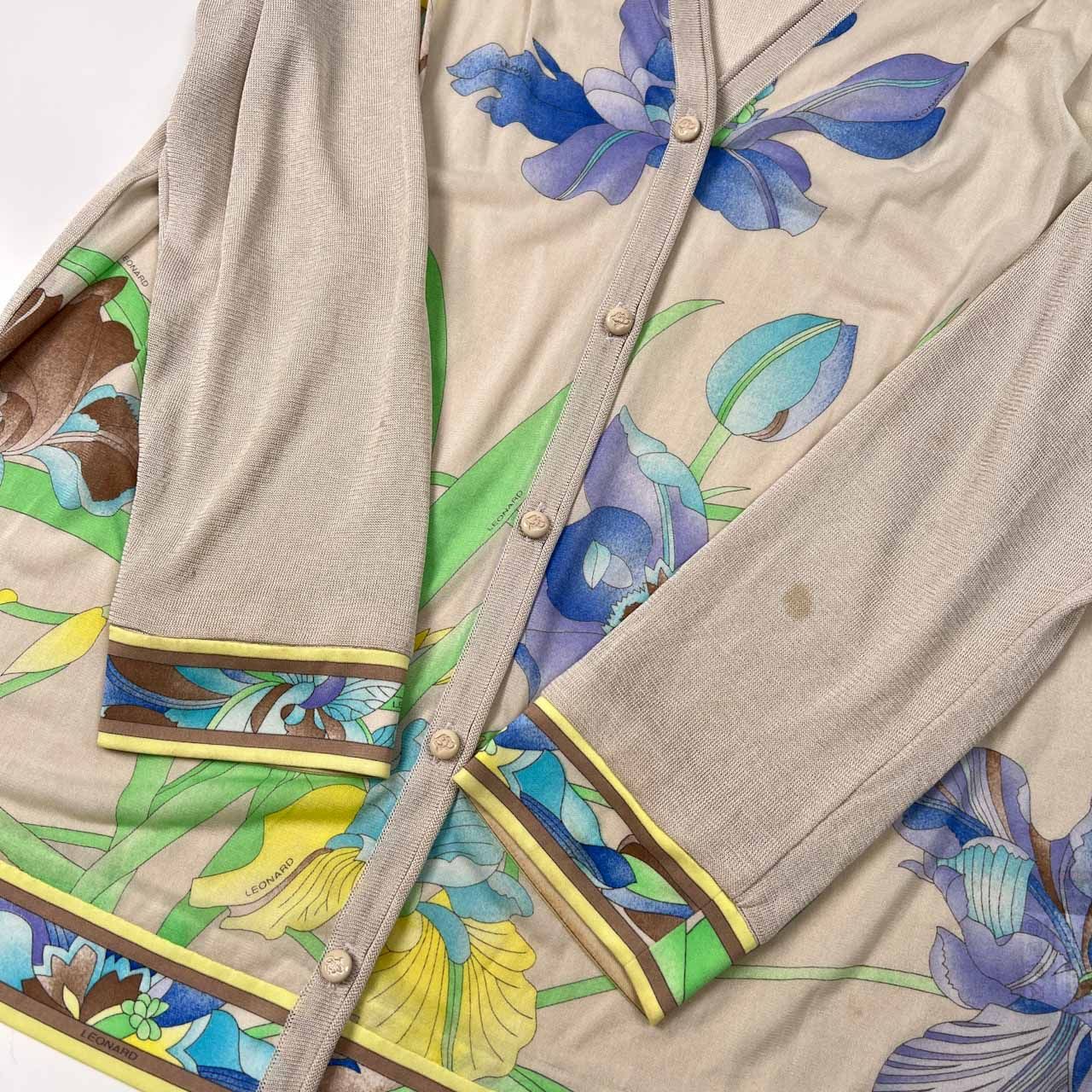 LEONARD レオナール シルク混 ベージュ 花柄 トリム LEONARD レオナール 花柄 切替 シルク混 メッシュ カーディガン