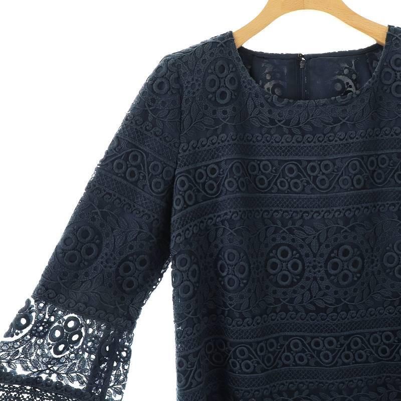 レリアン Leilian 花柄レース ワンピース ひざ丈 七分袖 9 ネイビー