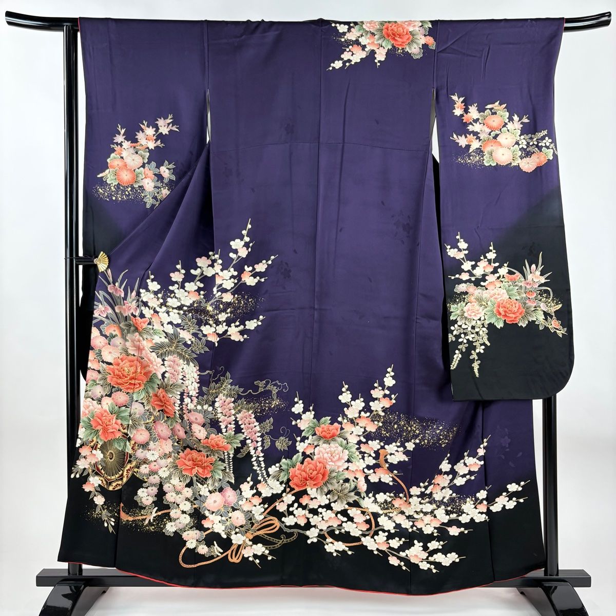 振袖 身丈159.5cm 裄丈66cm M 袷 花車 金糸 金彩 紫 正絹 秀品 【中古
