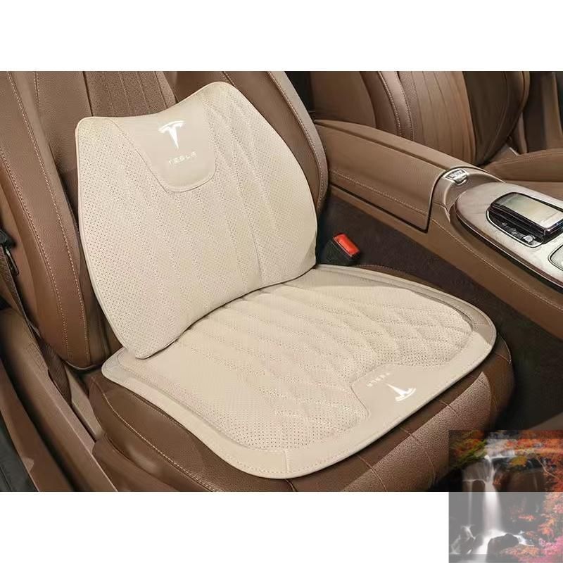 【美品・新品未使用】 テスラ TESLAベージュシートクッション 車用 シートカバー ナッパ レザー 腰当て 滑り止め 弾性 座布団1点+腰クッション1点