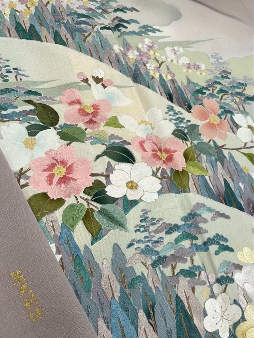 麗光刺繍 蘇州刺繍 落款入 色留袖 一つ紋入 正絹 X449