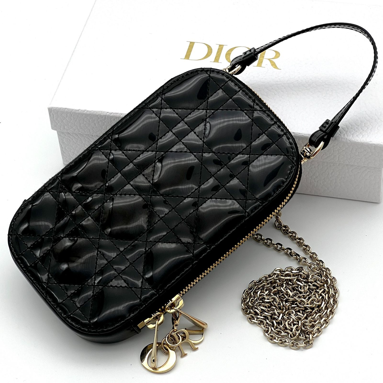 最 ディオール カナージュ フォンホルダー パテント ブラック 2way ショルダーバッグ A490
