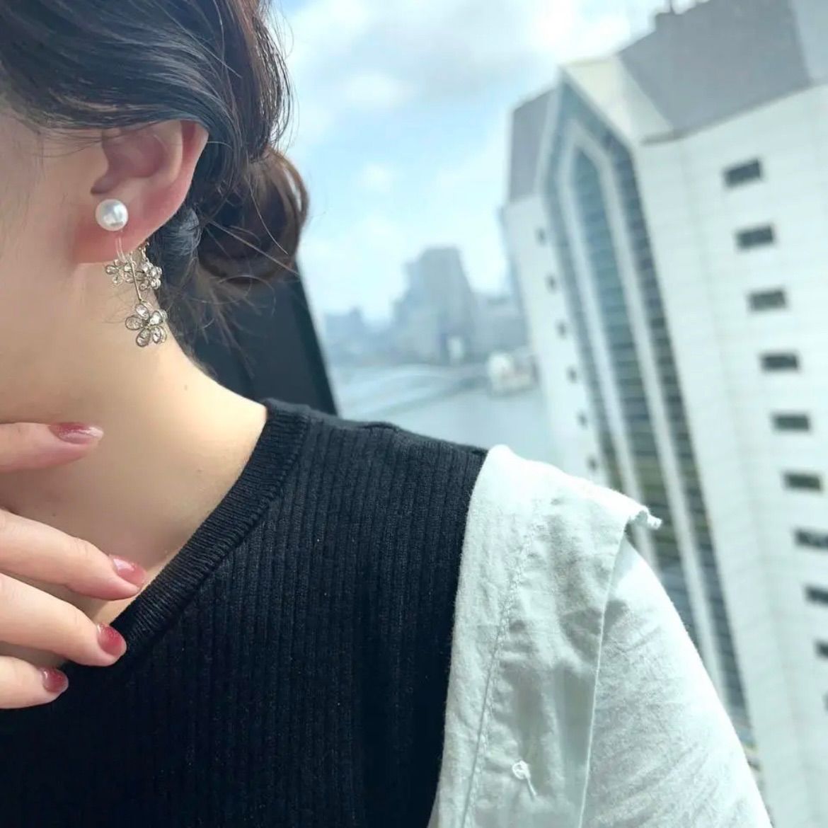 K14GP◇Pearl flower earring パールとフラワーのバックチャーム