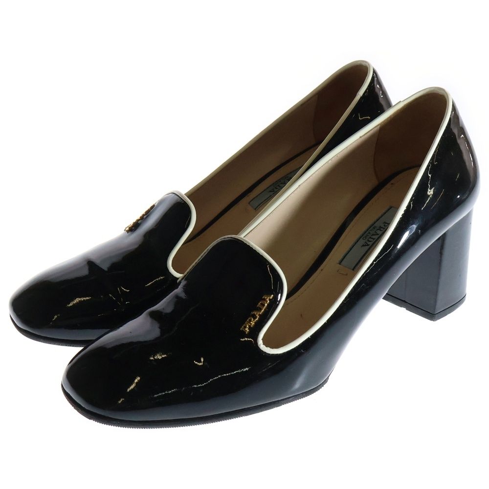 新品未使用✨PRADA プラダ　パンプス　ブラック　メタルロゴ　太ヒール　黒 PRADA (プラダ) ロゴプレート パテントレザー ヒール パンプス