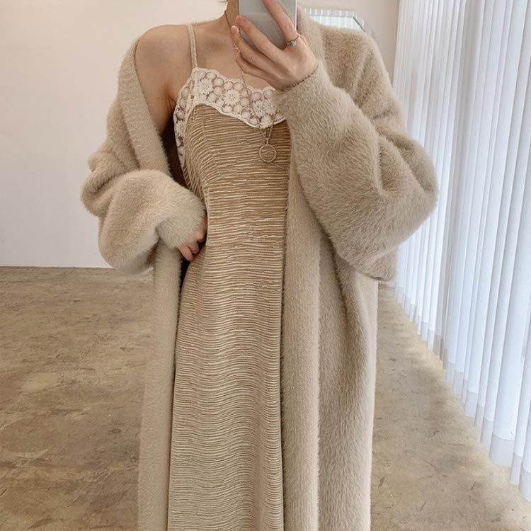 ニットカーディガン ロング丈 ガウン もこもこ 秋冬春 長袖 厚手 無地