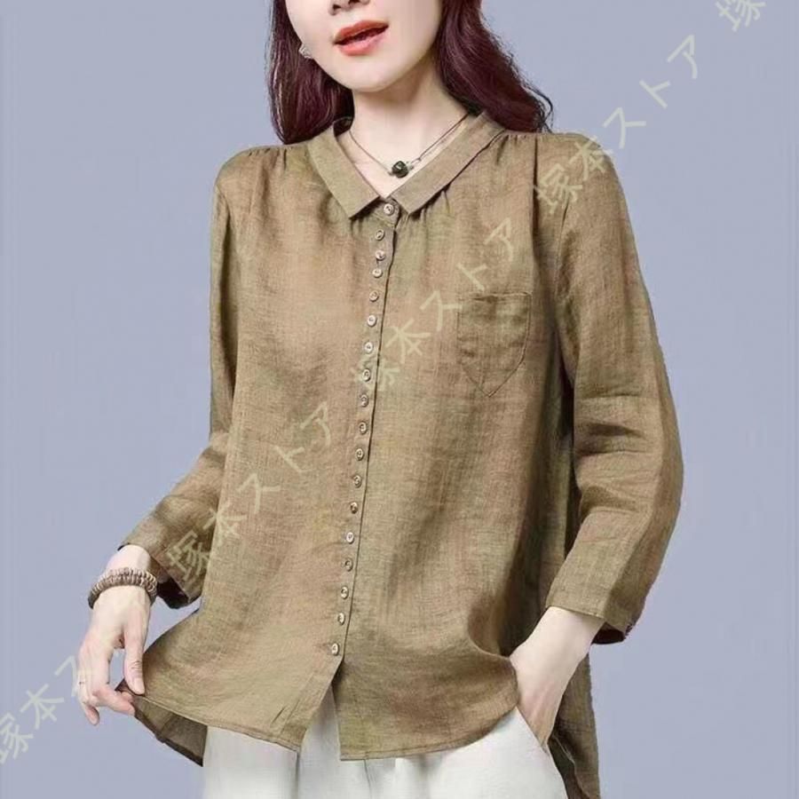 ブラウス レディース 長袖 シャツ オフィス ポケット おしゃれ 前開き ボタン カットソー裏地付 通勤 きれいめ ゆったり 綿とリネン トップス 春 夏 秋 大人