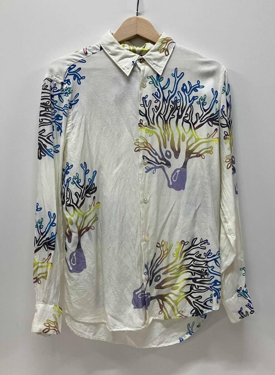PAUL SMITH ポール スミス 23ss tree ツリー 総柄 キュプラ 麻 長袖シャツ サイズM ホワイト キュプラ50% コットン30% 麻20% 日本製