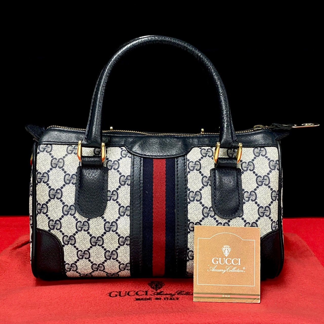 極 美品 GUCCI グッチ オールドグッチ ヴィンテージ シェリーライン GG 柄 レザー 本革 ミニ ボストンバッグ ハンドバッグ ネイビー  17389