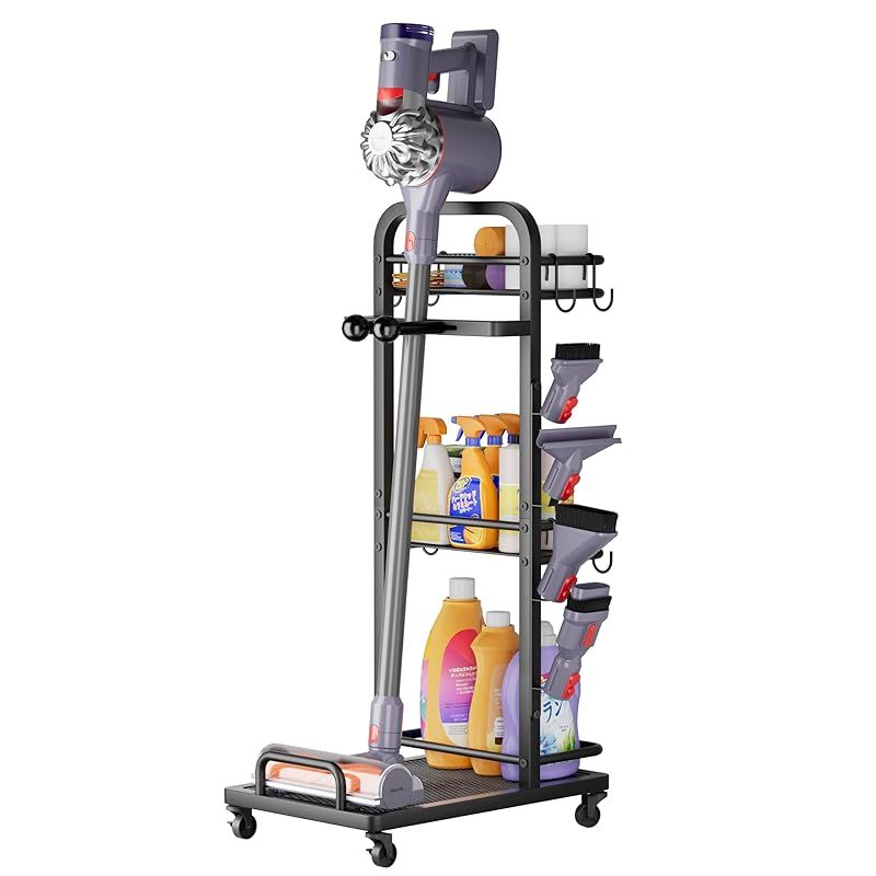 VINAEMO 掃除機 スタンド 汎用型 コードレスクリーナースタンド 掃除機スタンド 掃除用品収納ボックス付き 大容量収納 スティッククリーナースタンド 可動式 複数機種対応 コードレス掃除機 スタンド 組立簡単 リビング ランドリールーム キ 0