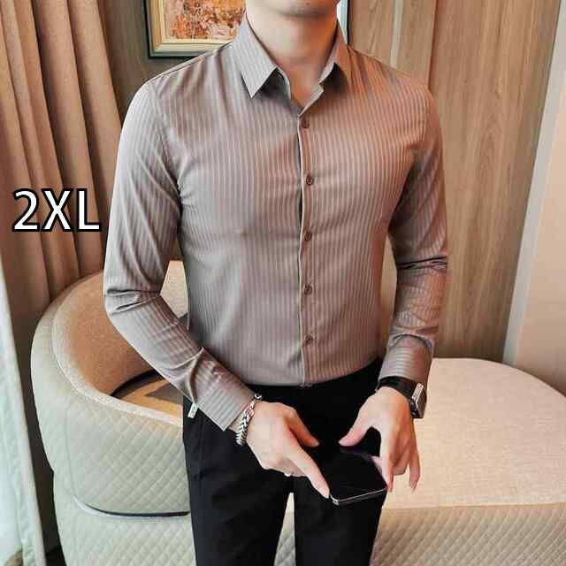 [2XL]春 コーデ メンズ  服 シンプル ファッション オシャレ 大人 かっこいい 大きいサイズ ストリート 紳士服 ダーク ストライプ シャツ 長袖 春 ビジネス カジュアル ハイエンド スリム スーツ シャツ 