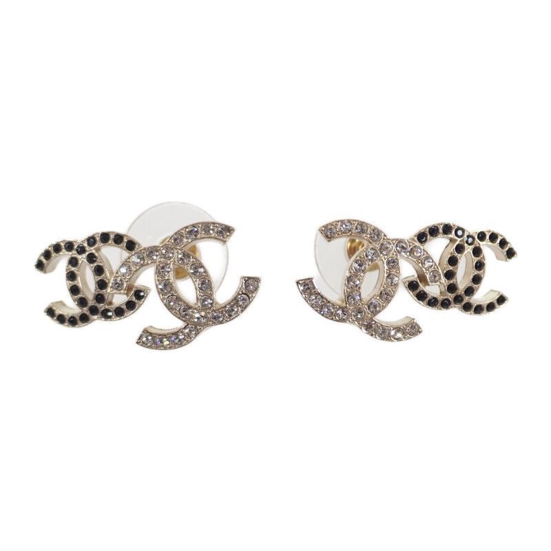CHANEL ダブルココマーク ピアス メタル クリスタル ゴールド ブラック A22B刻印