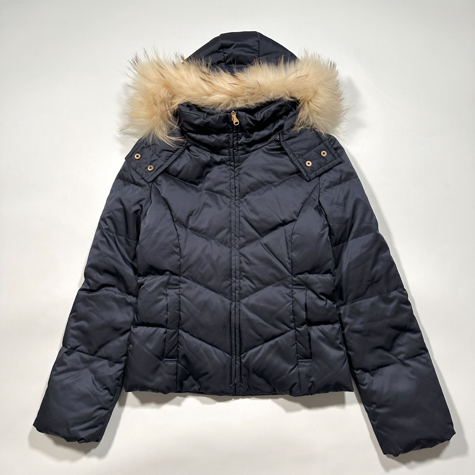 Pinky-dianne ピンキーアンドダイアン ダウンジャケット ショート丈 フード ファー ネイビー 38 Mサイズ