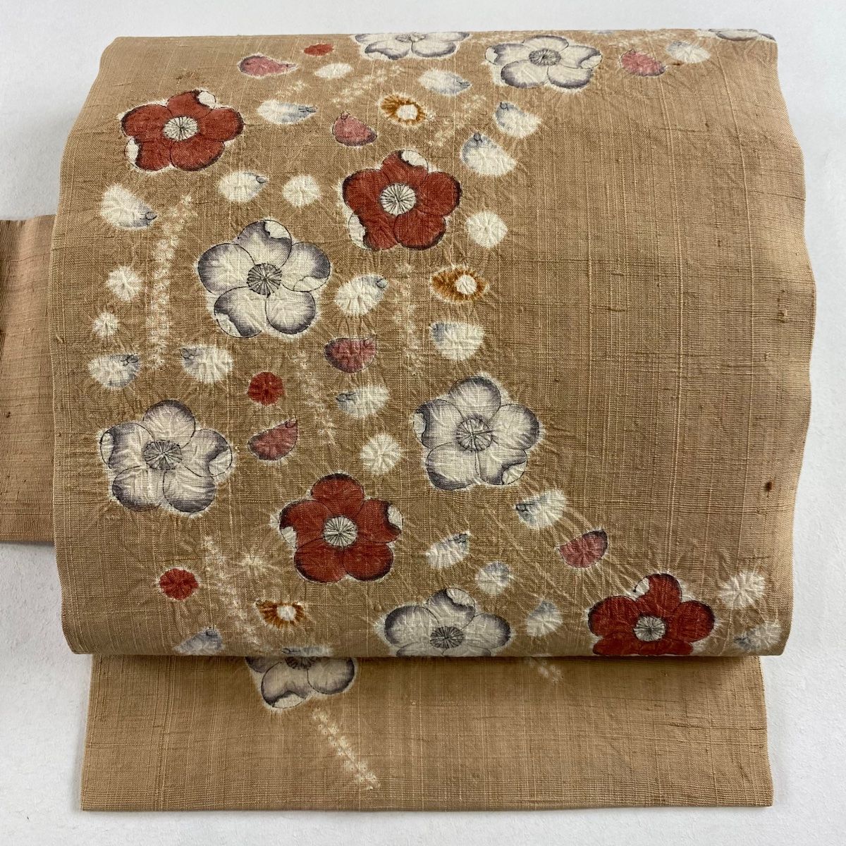 名古屋帯 美品 秀品 紬地 花柄 幾何学 絞り 山吹茶色 正絹 中古