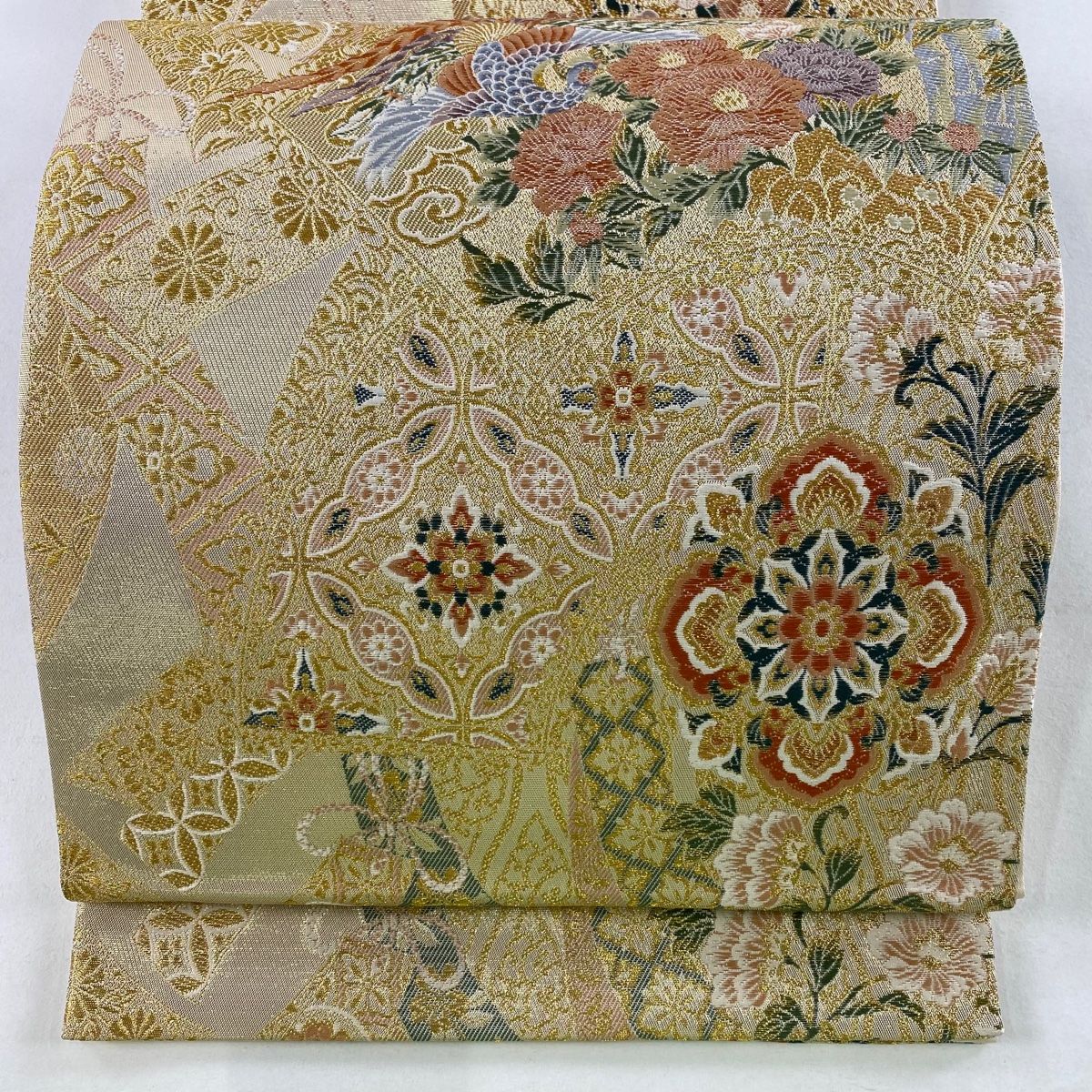 袋帯 秀品 献上地紙宝島文 金糸 箔 金色 六通 正絹