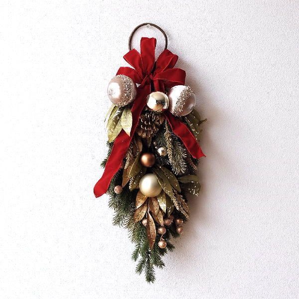クリスマス スワッグ 玄関 60cm クリスマスリース リボン フェイク 木の実 もみの木 壁掛け 吊り下げ ゴールドとレッドリボンのスワッグ
