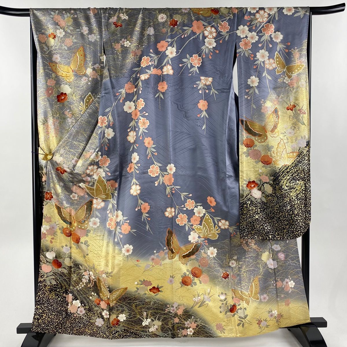 爆買い，お得 振袖 秀品 蝶 銀通し 金糸 紫 袷 163cm 67.5cm