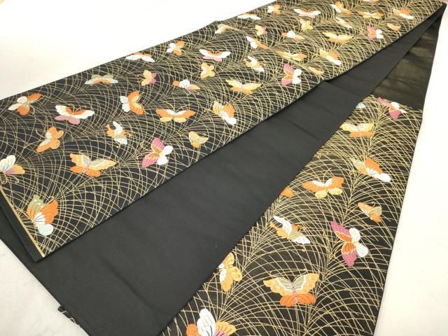 平和屋着物◎六通柄袋帯 唐織 舞蝶文 黒地 金糸 正絹 逸品
