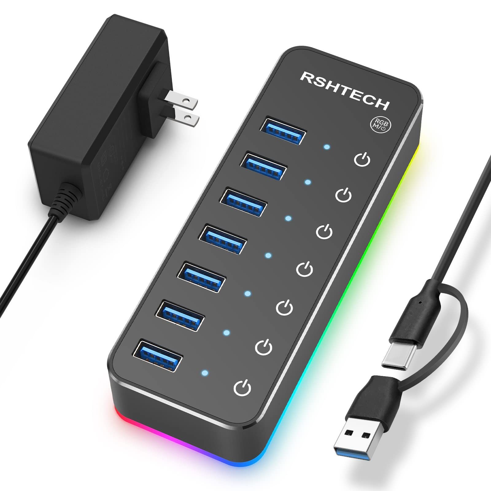 【新着商品】1 ケーブル 付き in USB 2 Hub 7ポート アルミ製 RGB 5Gbps高速転送 セルフパワーとバスパワー両用 電源付き 5V 3.0 4A USBハブ 電源 RSHTECH 独立スイッチ付き(RSH-518R)