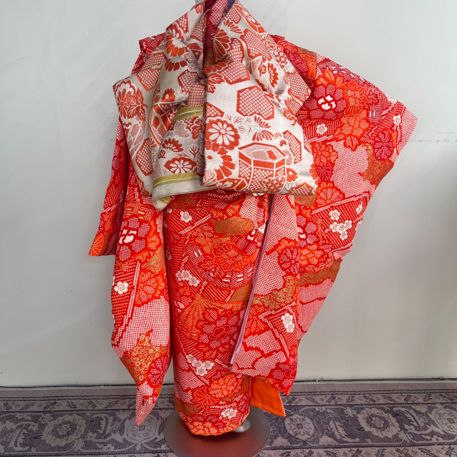 七五三　7歳　四つ身　子供着物　作り帯　女の子　長襦袢　フルセット　オレンジ 七五三 7歳 四つ身 子供着物 作り帯 女の子 長襦袢 フルセット