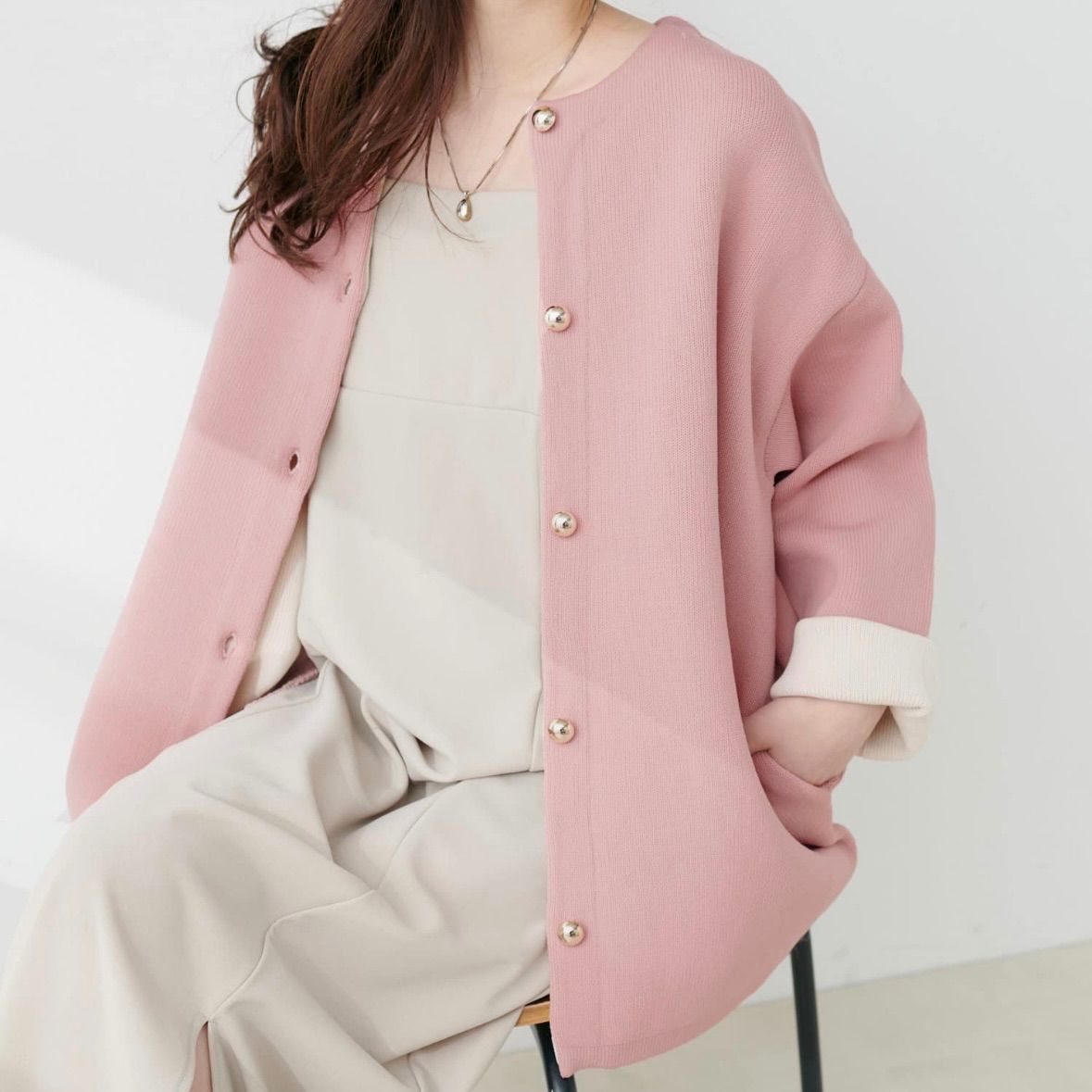 配色プレーティングポリニットカーデ natural couture（ナチュラルクチュール）の「配色プレー
