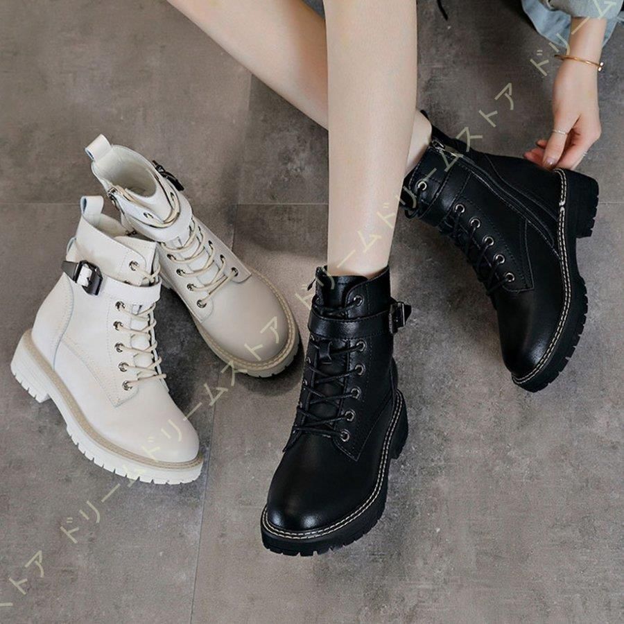 ショートブーツ サイドジッパー 本革 厚底 レディース 太ヒール モンク 6cm レースアップ 身長アップ カジュアル 黒 編み上げブーツ カジュアルブーツ ミドル丈 ショートブーツ サイドジッパー 本革 厚底 レディース 太ヒール モンク