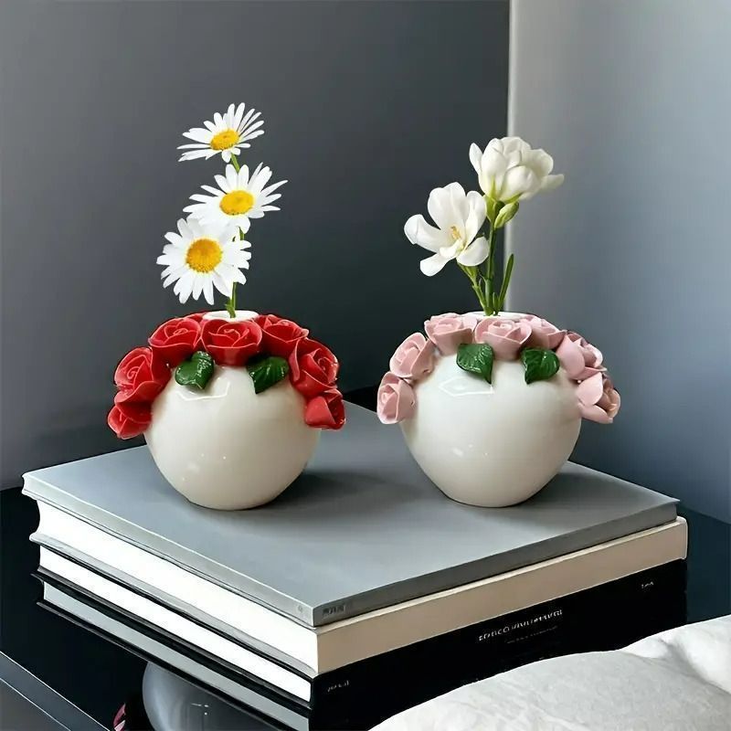 セラミック 花瓶 フラワーベース エレガント レッド ピンク フラワー