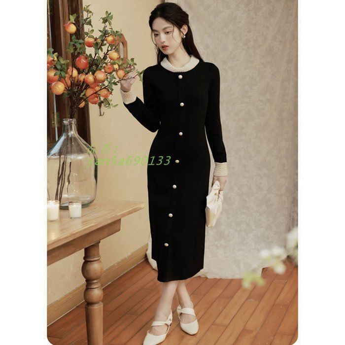 前ボタン シンプル長袖タイトロングニットワンピース 黒 カジュアル おしゃれ 大人 服 上品 韓国 レディース yan5a690133