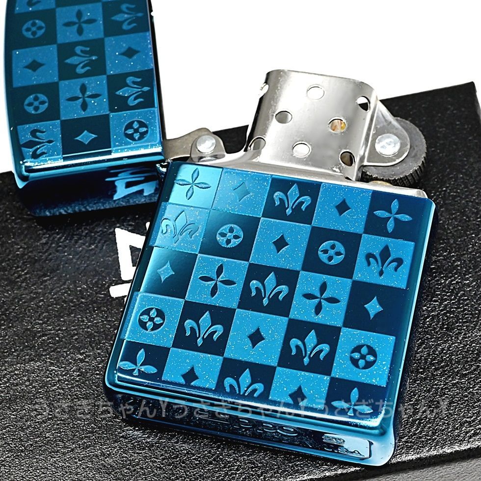 zippo☆両面☆モノグラムチェック☆ブルー☆ラメ☆ジッポ ライター 