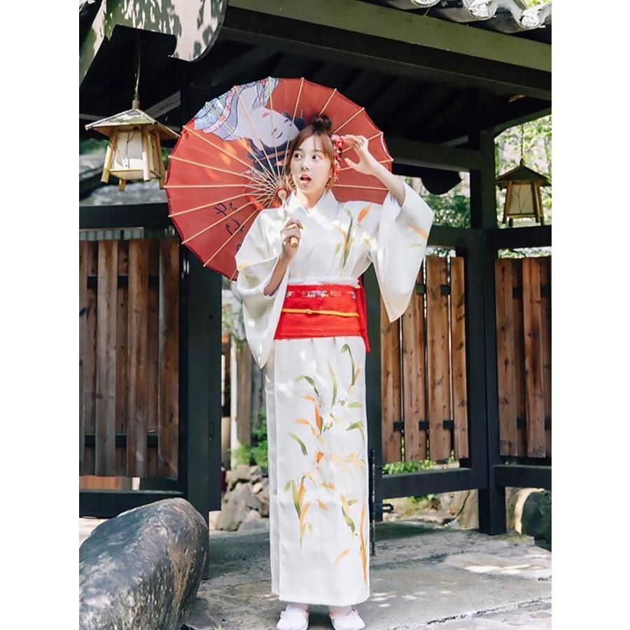 送料無料【蘭柄】白 浴衣 ゆかた yukata レディース 女性 作り帯