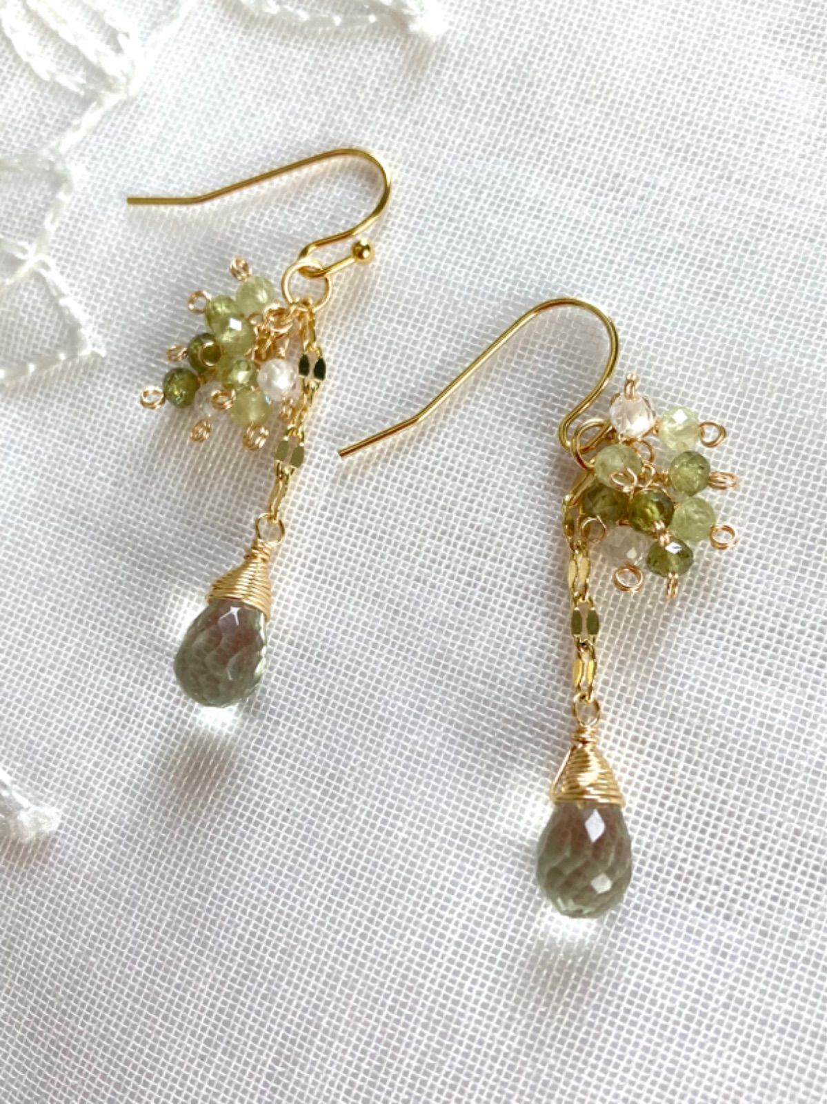 マルモ◆ダイヤカットグリーンアメシスト×イエローダイヤ ピアス✧14kgf No.256 再販 14kgf 天然石ピアス グリーンアメジスト＆グロッシ