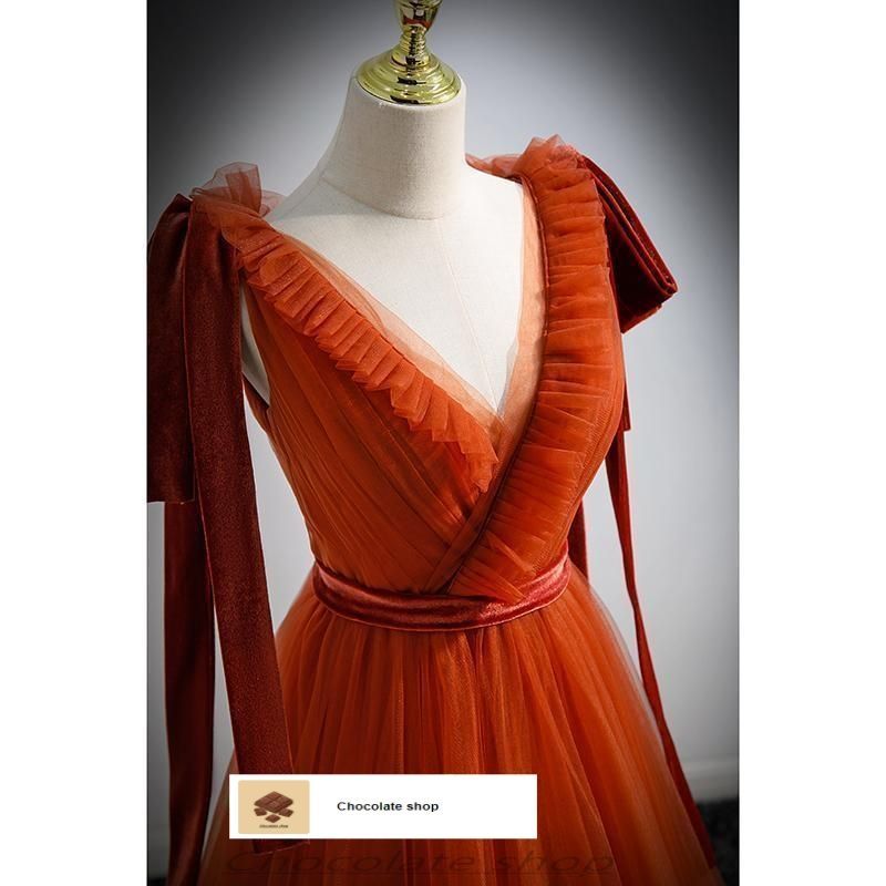 カラードレス 編み上げ テラコッタ オレンジ 前撮り Vネック ロングドレス 結婚式 二次会 発表会 演奏会 ウェディングドレス ウエディングWP数量 価格926